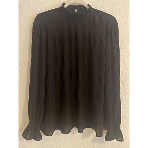 Adrianna Papell Women's Blk Long Sleeve High Neck Pleated/Crinkled Blouse Medium